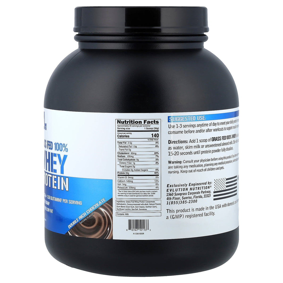 EVLution Nutrition, Grass-Fed 100% Whey Protein, Double Rich Chocolate, 2 lb (907 g)