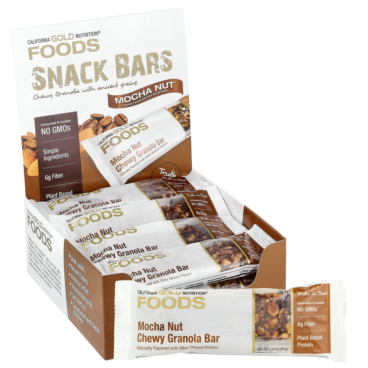California Gold Nutrition, Foods, Mocha Nut Chewy Granola Bars, 12 Bars, 1.4 oz (40 g) Each