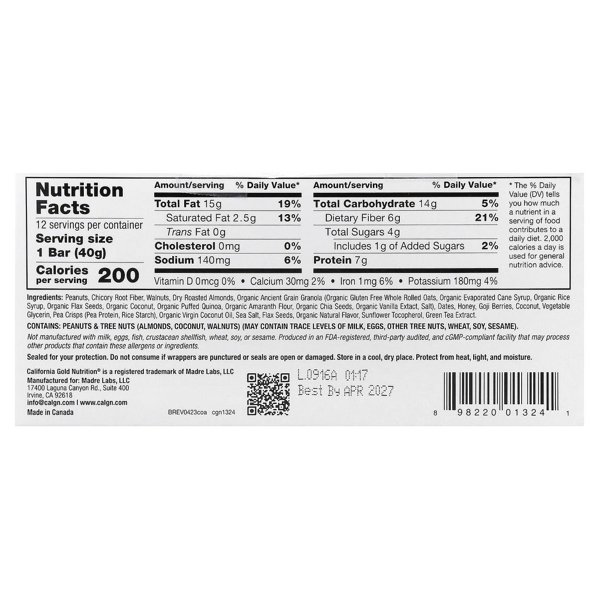 California Gold Nutrition, Foods, Coconut Almond Chewy Granola Bars, 12 Bars, 1.4 oz (40 g) Each