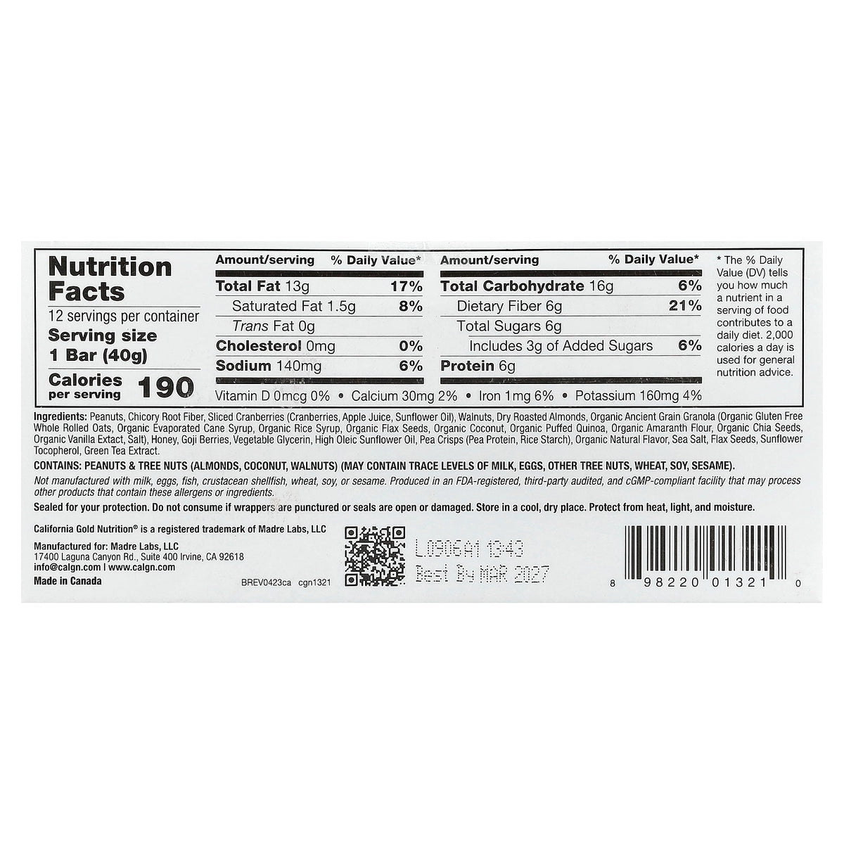 California Gold Nutrition, Foods, Cranberry & Almond Chewy Granola Bars, 12 Bars, 1.4 oz (40 g) Each