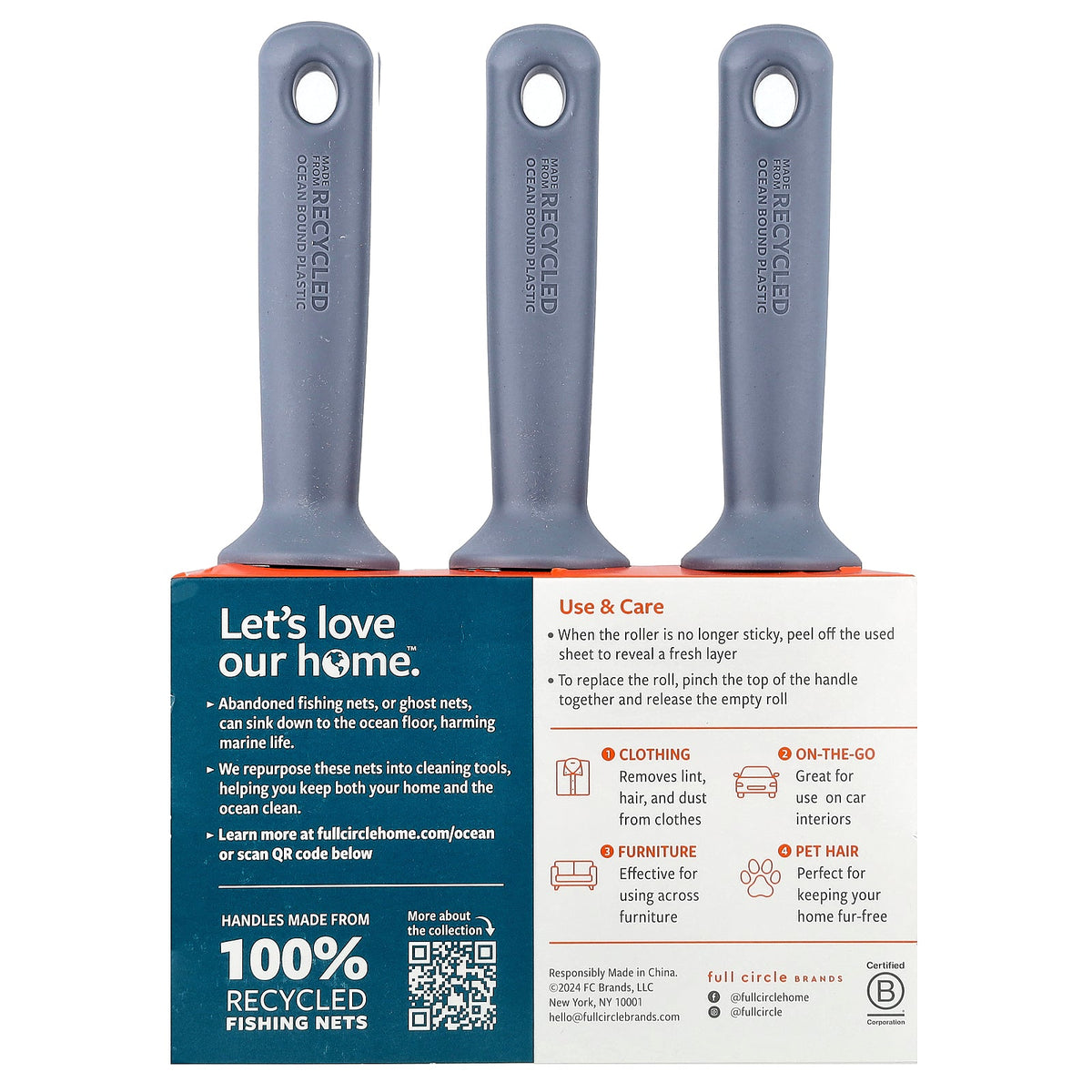 Full Circle, Clean Ocean™ Lint Roller, 3 Rolls, 100 Sheets Each