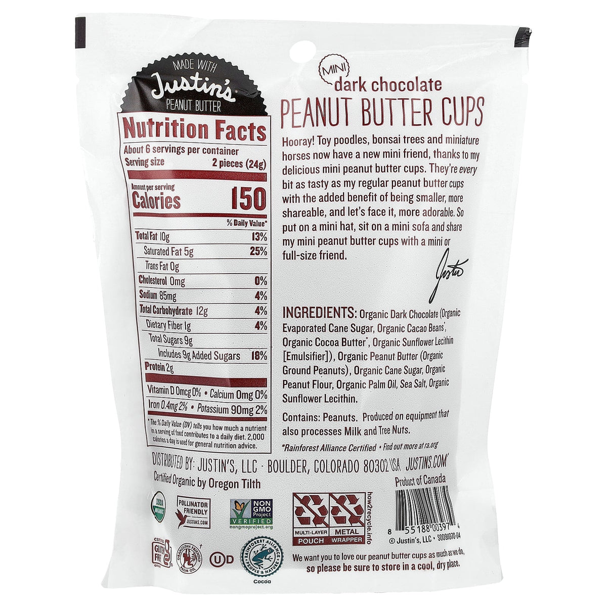 Justin's Nut Butter, Organic Mini Peanut Butter Cups, Dark Chocolate, 4.7 oz (133 g)