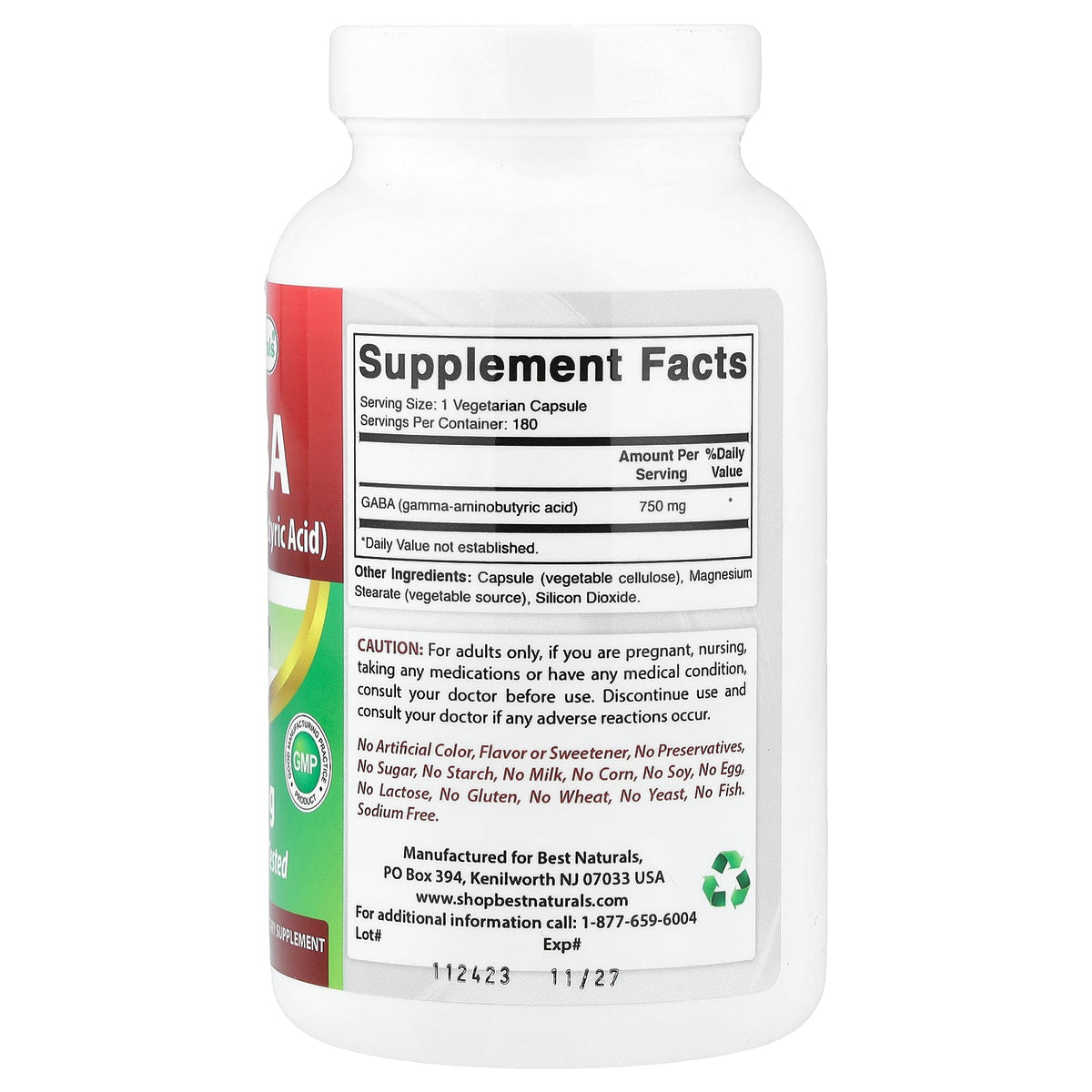 Best Naturals, GABA, 750 mg, 180 Vegetarian Capsules