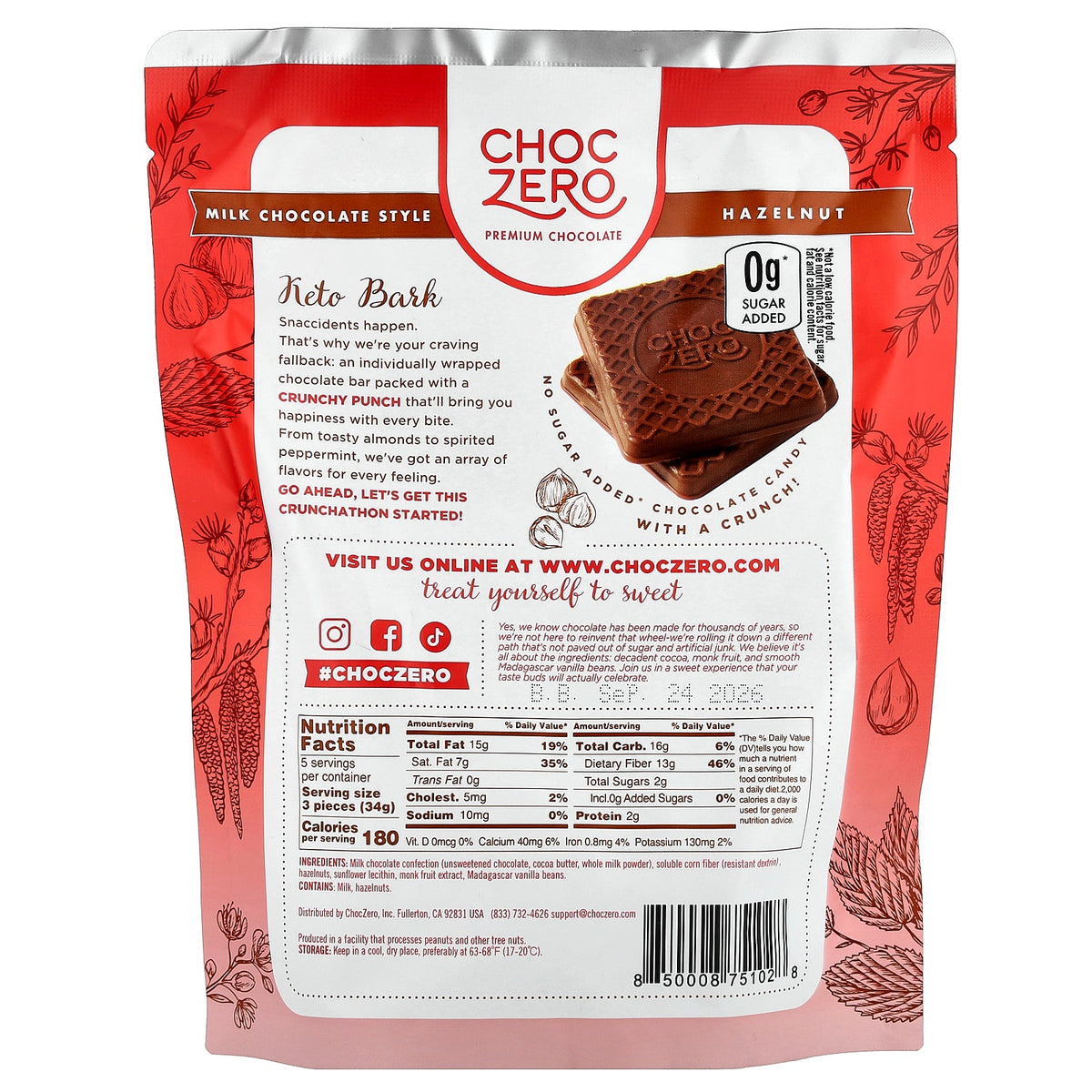 ChocZero, Keto Bark, Milk Chocolate, Hazelnut, 15 Mini Bars, 6 oz (170 g)