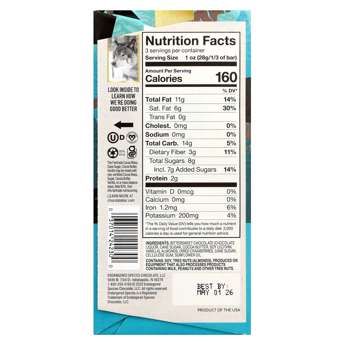 Endangered Species Chocolate, Cranberry & Almonds Dark Chocolate, 72% Cocoa, 3 oz (85 g)