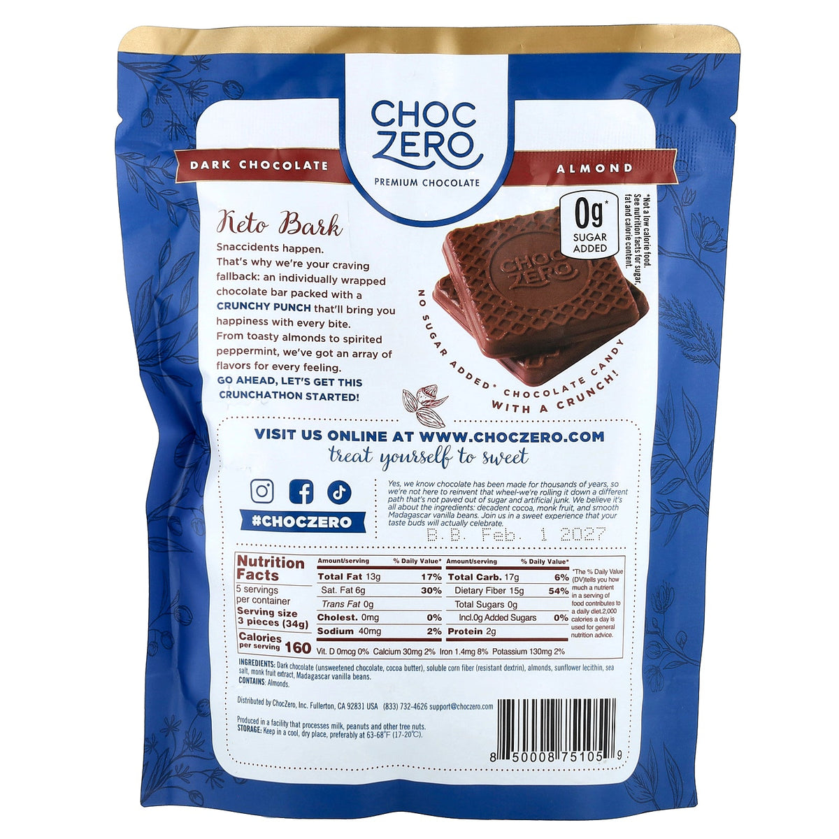 ChocZero, Keto Bark, Dark Chocolate, Almond With Sea Salt, 15 Mini Bars, 6 oz (170 g)