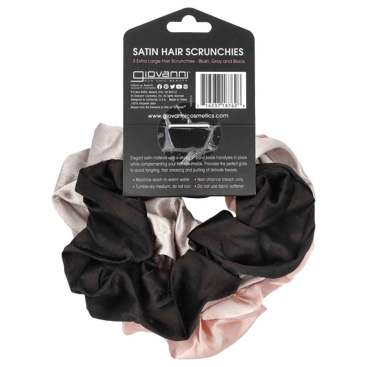 Giovanni, Satin Hair Scrunches, Extra Large, Blush, Gray and Black, 3 Counts