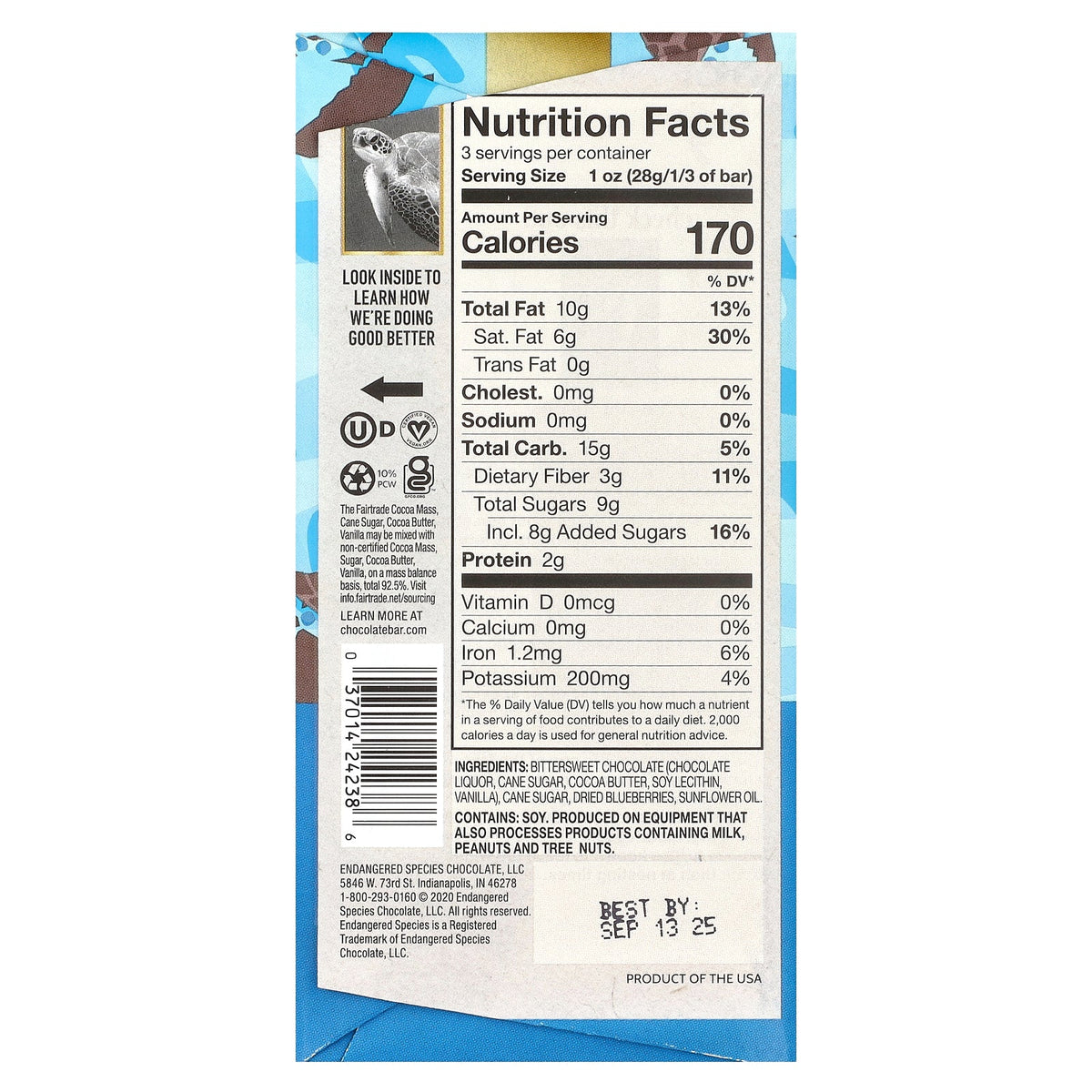 Endangered Species Chocolate, Blueberry Dark Chocolate, 72% Cocoa, 3 oz (85 g)