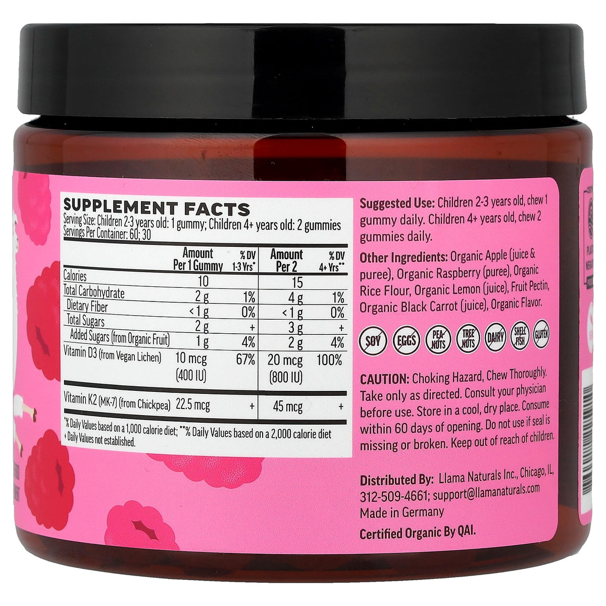 Llama Naturals, Kids Vitamin D3 + K2, Real Fruit Gummies, Really Raspberry, 60 Gummies