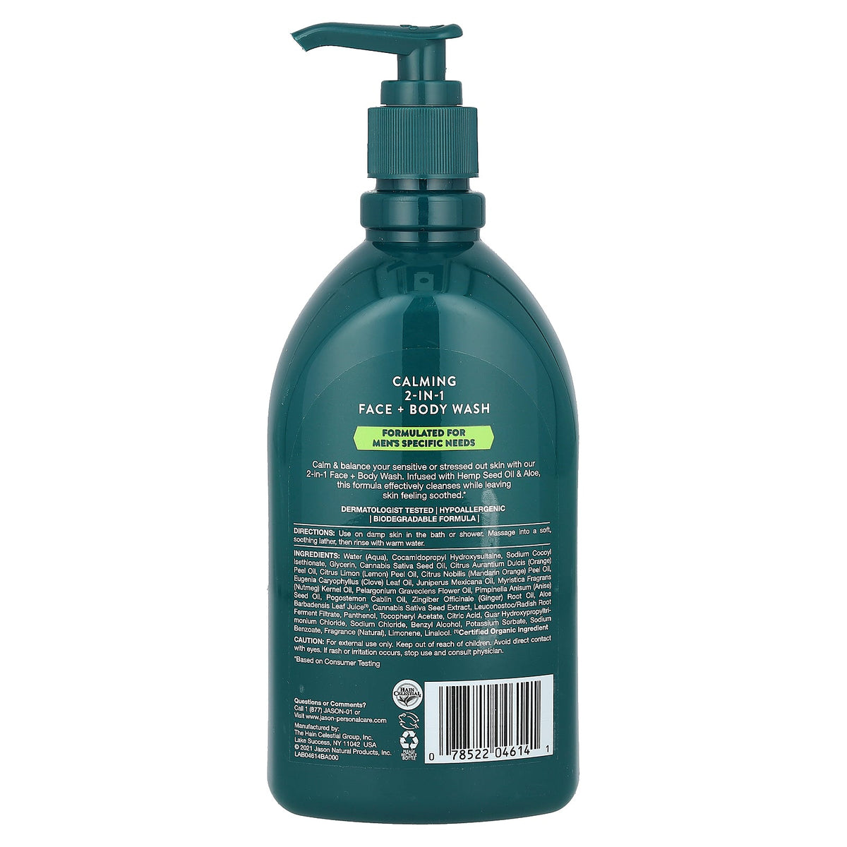 Jason Natural, Men's, Face + Body Wash, Hemp Seed Oil + Aloe, 16 fl oz (473 ml)