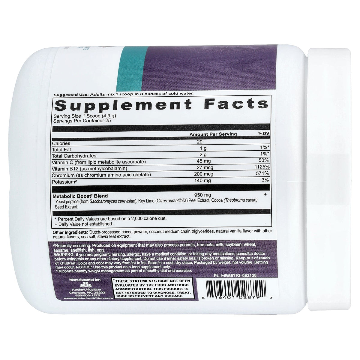 Ancient Nutrition, Active Peptides, Metabolism, Chocolate, 4.4 oz (123.5 g)