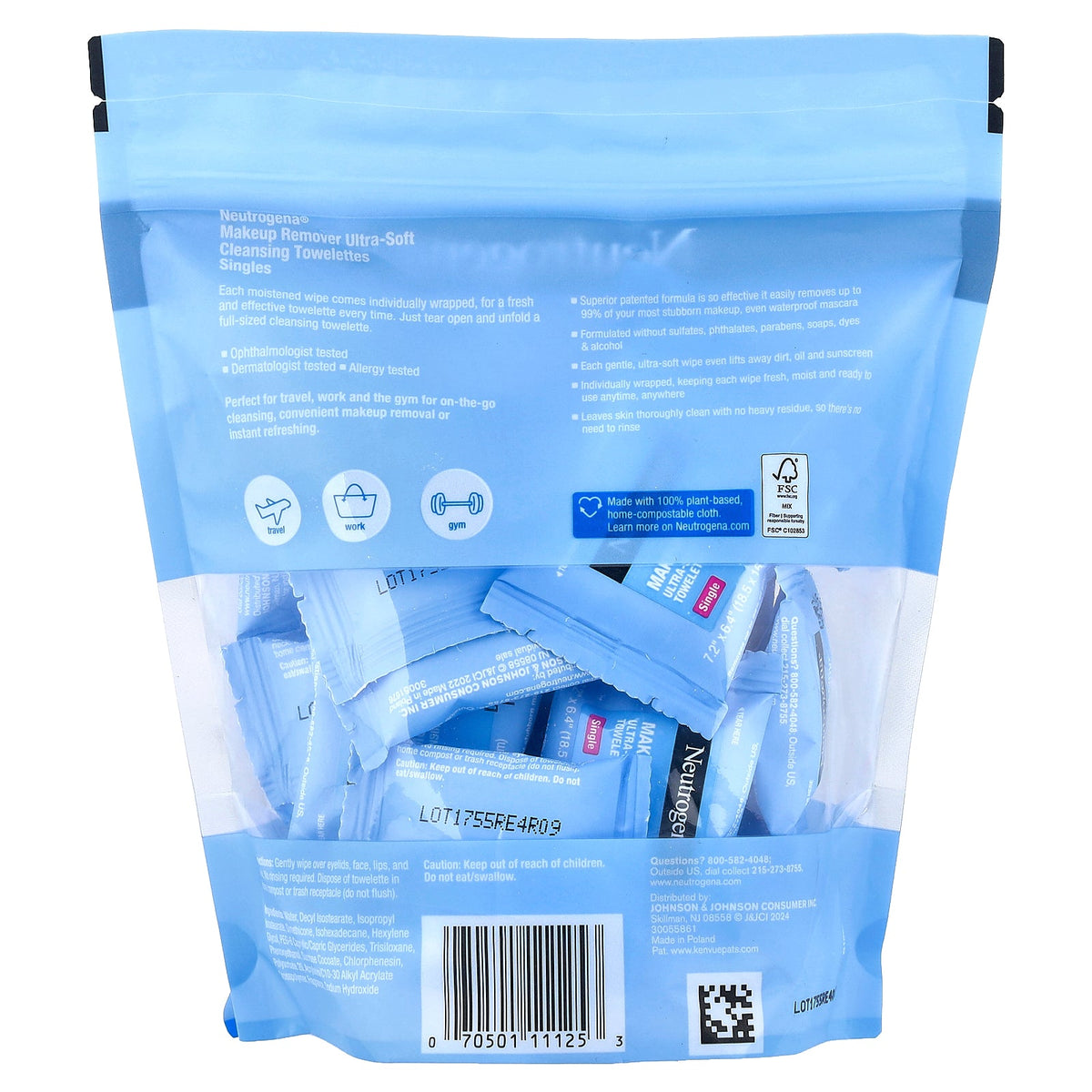 Neutrogena, Makeup Remover, Ultra-Soft Cleansing Towelettes, Singles, 20 Plant-Based Compostable Towelettes