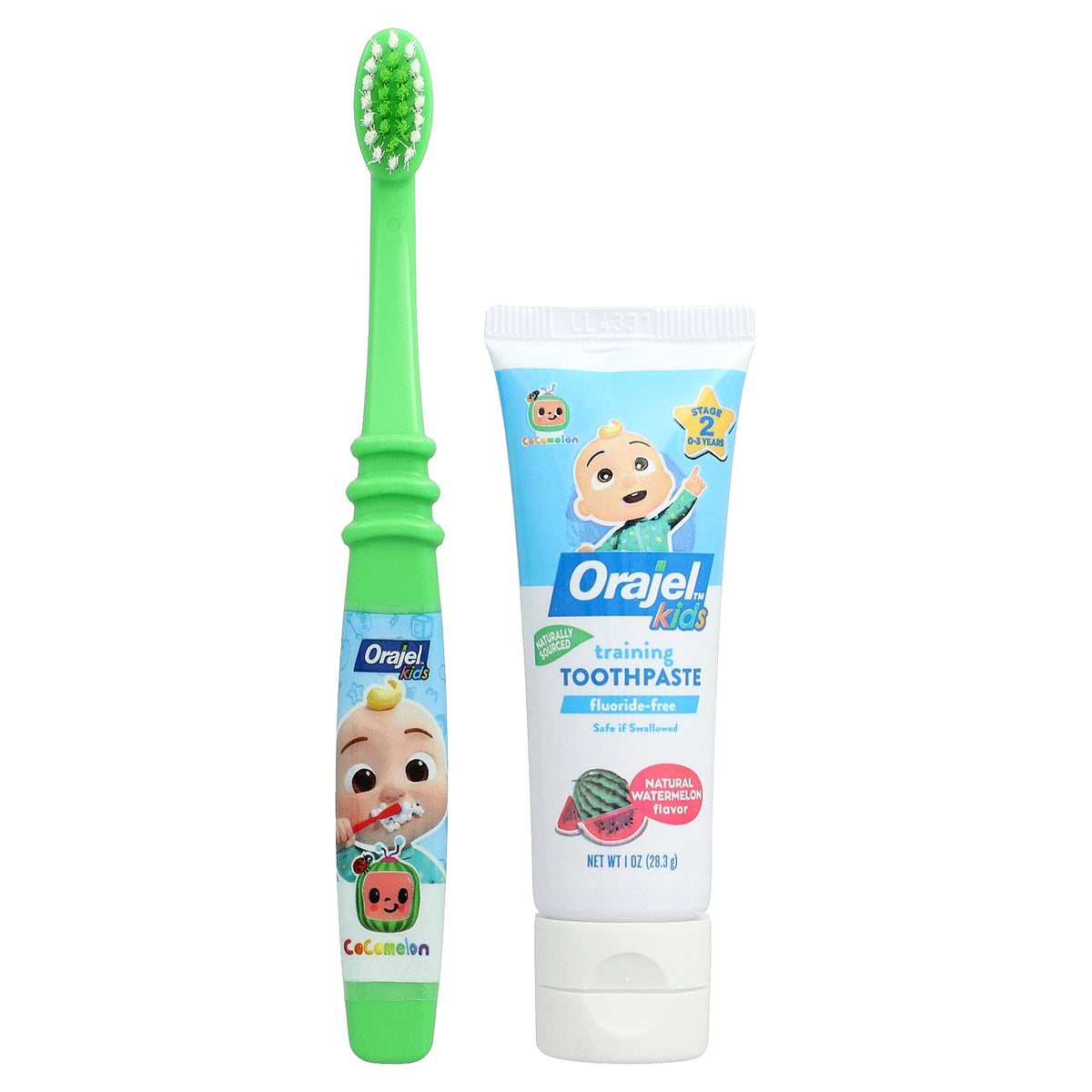 Orajel, Kids, Cocomelon Training Toothpaste with Toothbrush, Fluoride-Free, 0-3 Years, Watermelon, 2 Piece Set, 1 oz (28.3 g)