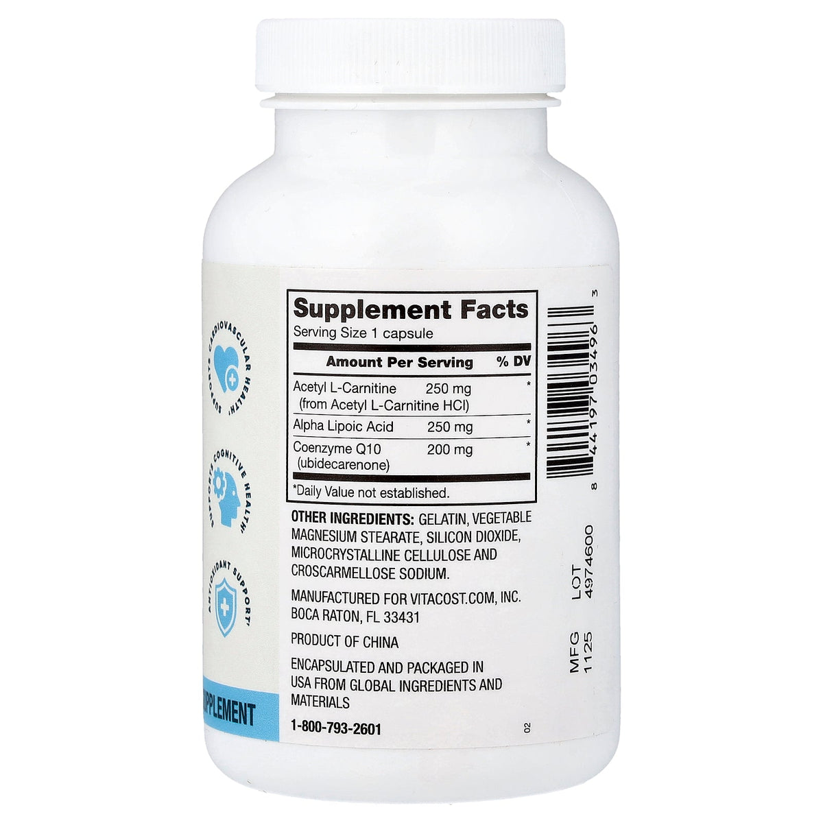 Vitacost, Advanced, Acetyl L-Carnitine, Alpha Lipoic Acid and CoQ10, 120 Capsules