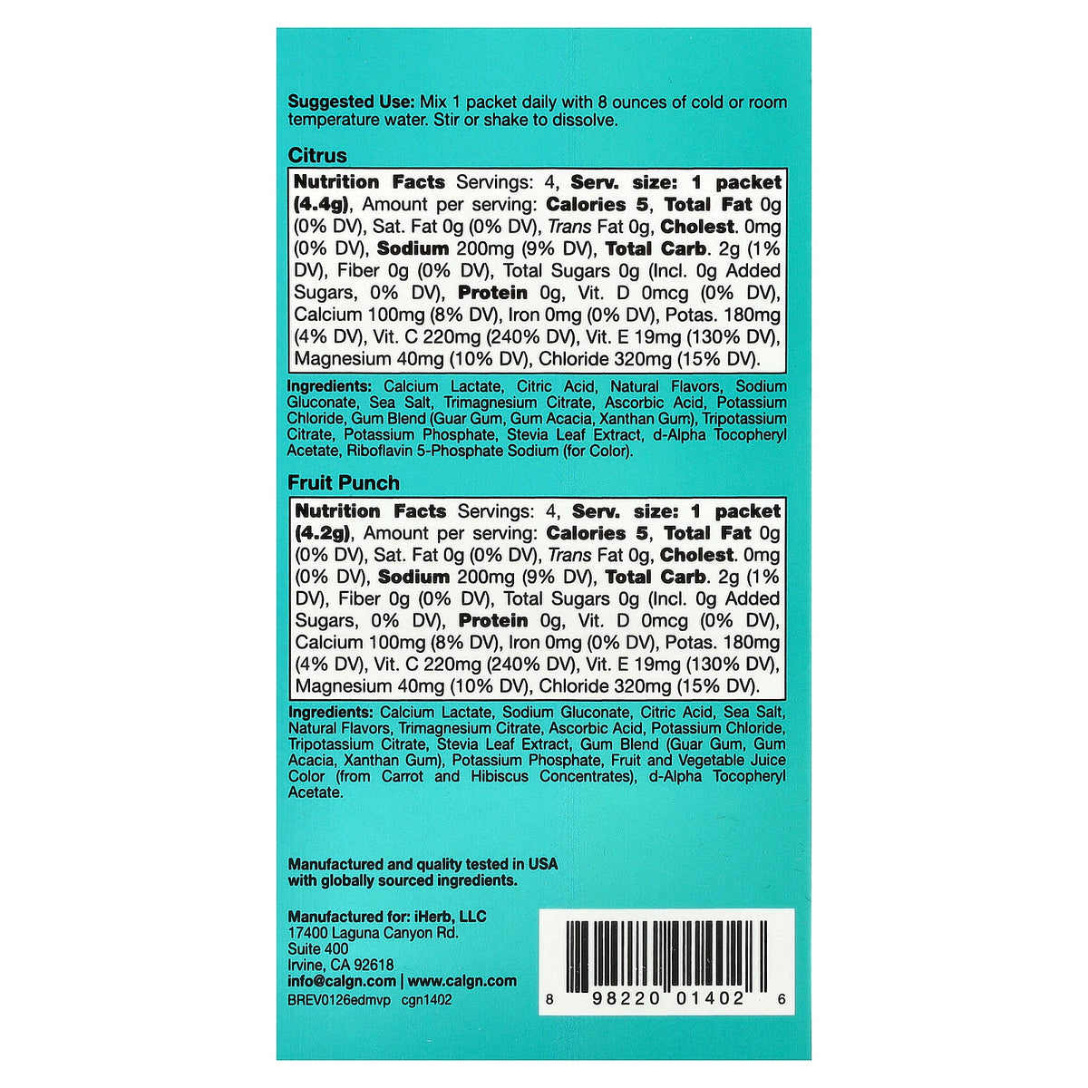 California Gold Nutrition, HydrationUP®, Electrolyte Drink Mix with Calcium Lactate, Vitamins C & E, Variety Pack, 20 Packets, 0.14 oz - 0.17 oz (4 g - 4.8 g) Each