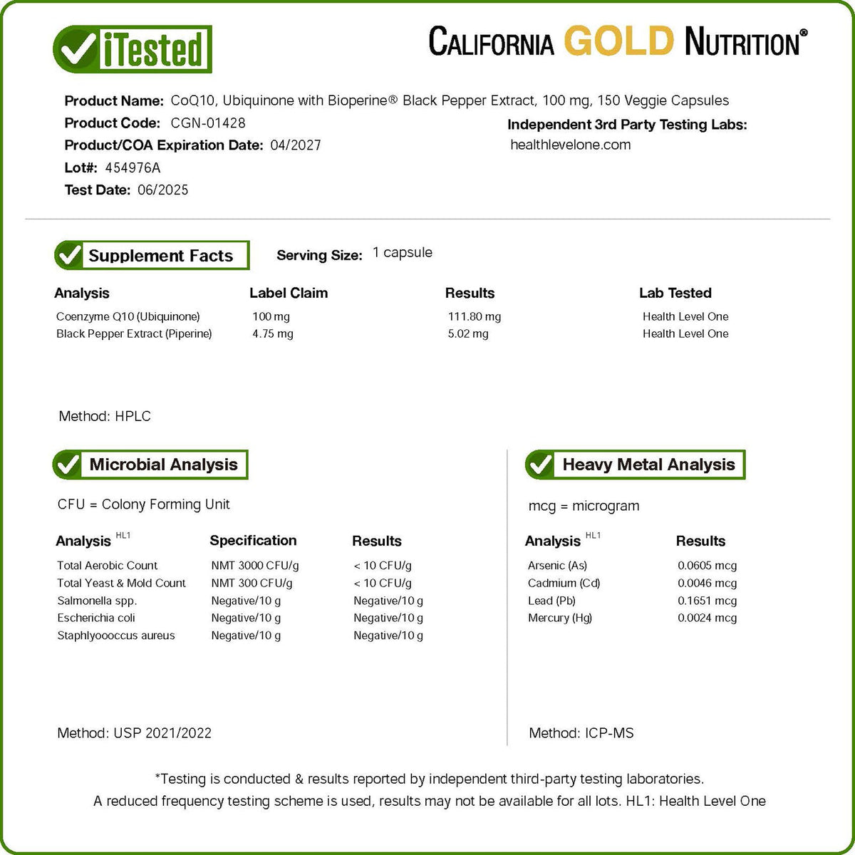 California Gold Nutrition, CoQ10, Ubiquinone USP with BioPerine® Black Pepper Extract, Enhanced Bioavailability, 150 Veggie Capsules