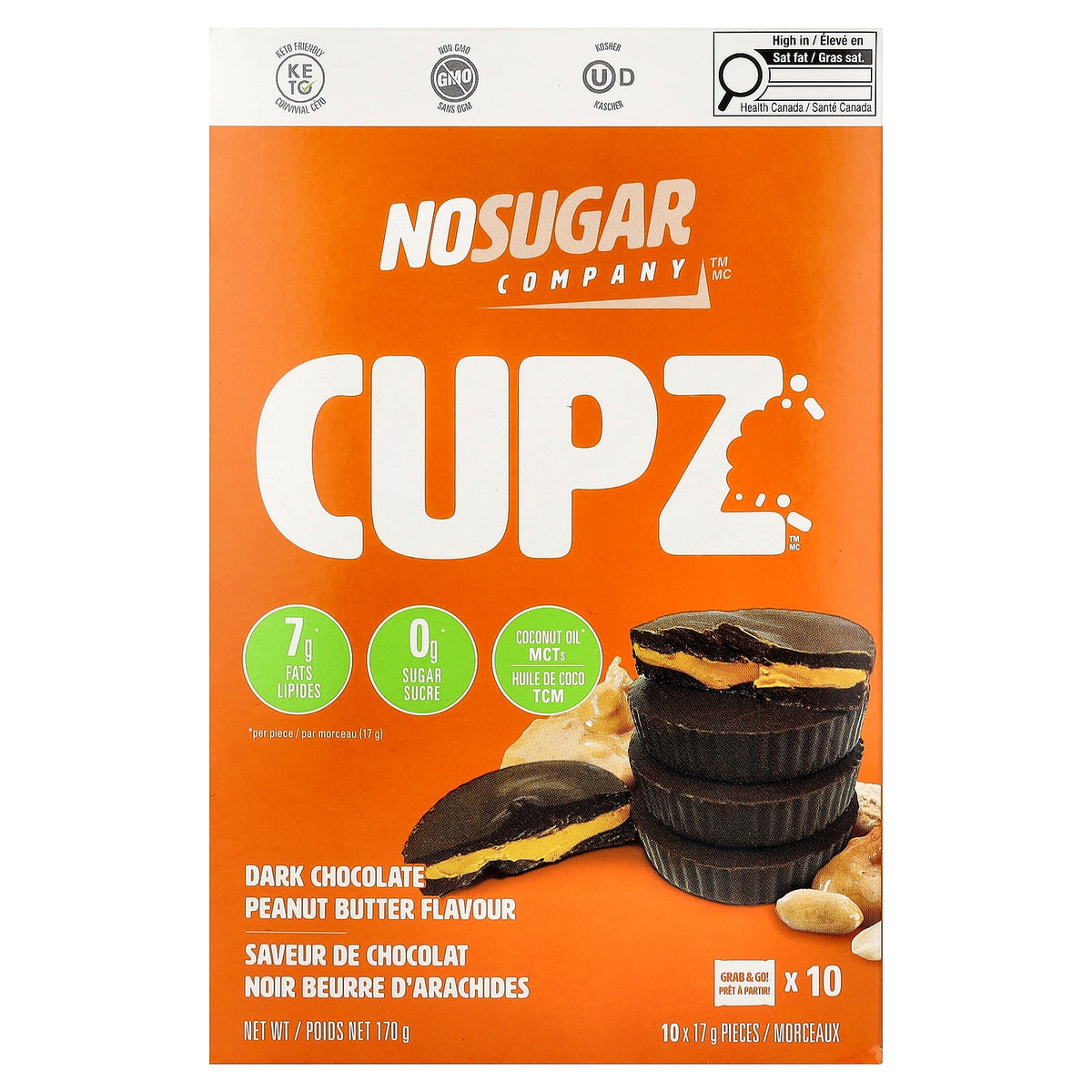 No Sugar Company, Cupz™, Dark Chocolate Peanut Butter, 10 Packs, 0.6 oz (17 g) Each