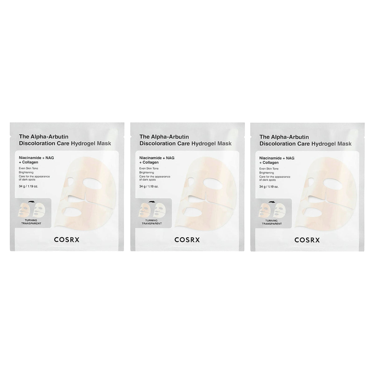 CosRx, The Alpha-Arbutin Discoloration Care Hydrogel Beauty Mask, 3 Sheets, 1.19 oz (34 g) Each