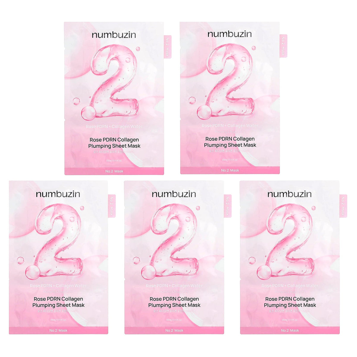 Numbuzin, No.2 Rose PDRN Collagen Plumping Beauty Sheet Mask, 5 Sheets. 1.11 fl oz (33 ml) Each