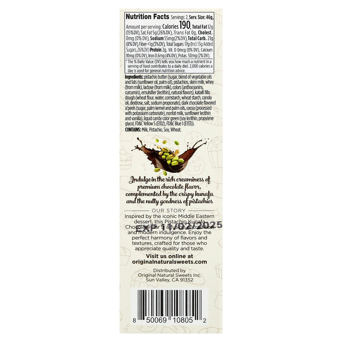 Original Natural Sweets, Dubai Dark Chocolate Bar, 3.2 oz (91 g)