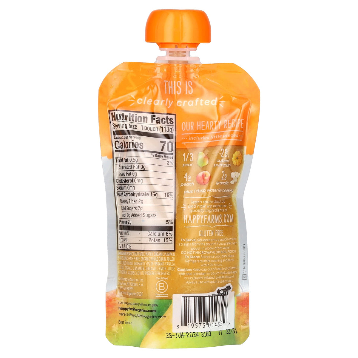 Happy Family Organics, Happy Baby®, Organic Baby Food, 6+ Months, Pears, Pumpkin, Peaches & Granola, 4 oz (113 g)