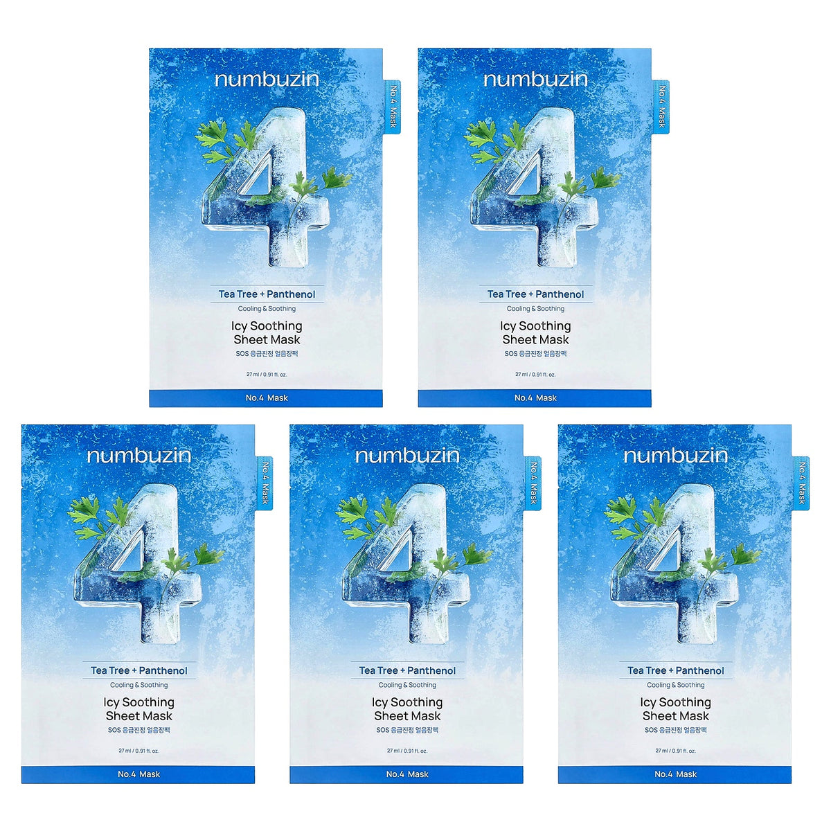Numbuzin, No.4 Icy Soothing Beauty Sheet Mask, 5 Sheets, 0.91 fl oz (27 ml) Each