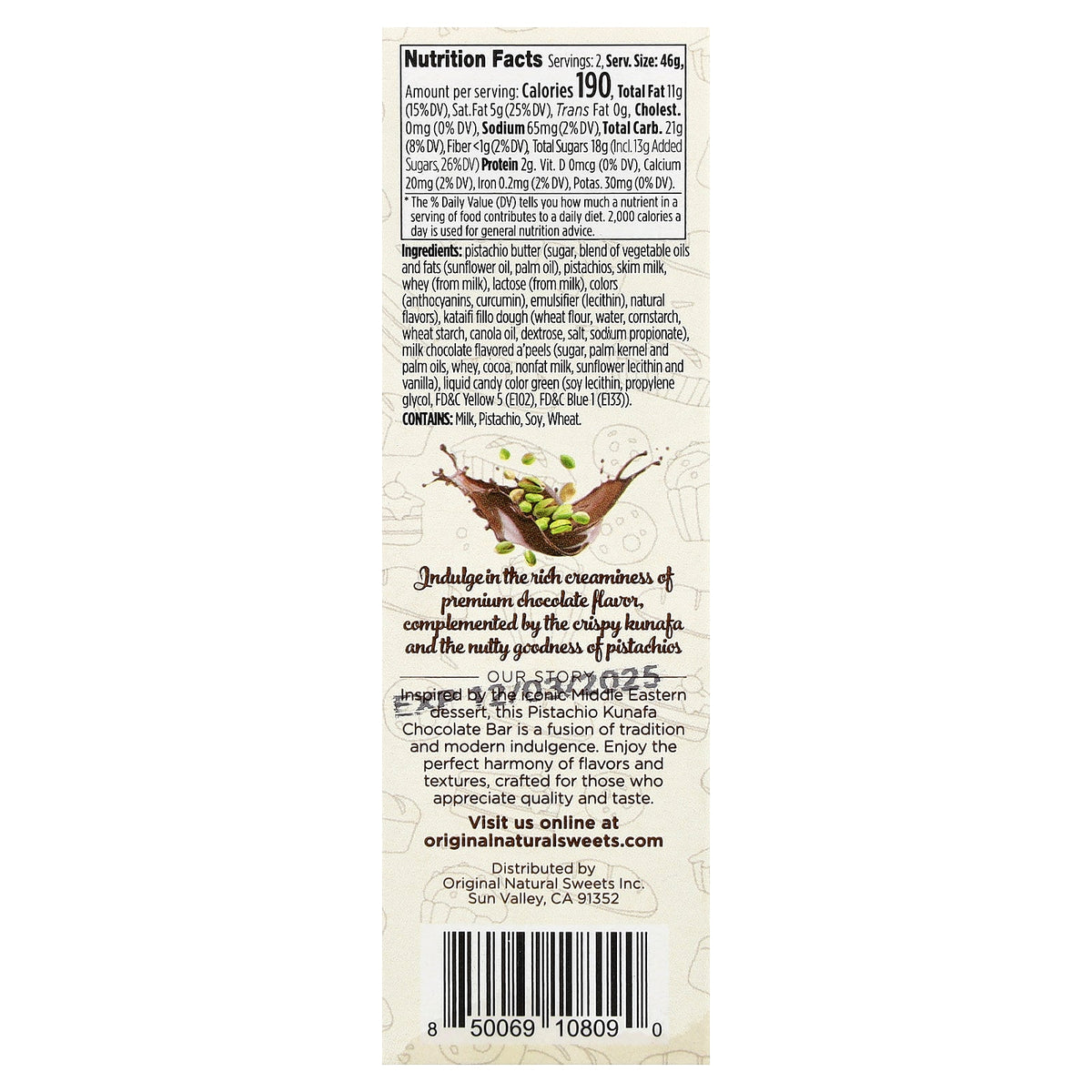 Original Natural Sweets, Dubai Milk Chocolate Bar, 3.2 oz (91 g)