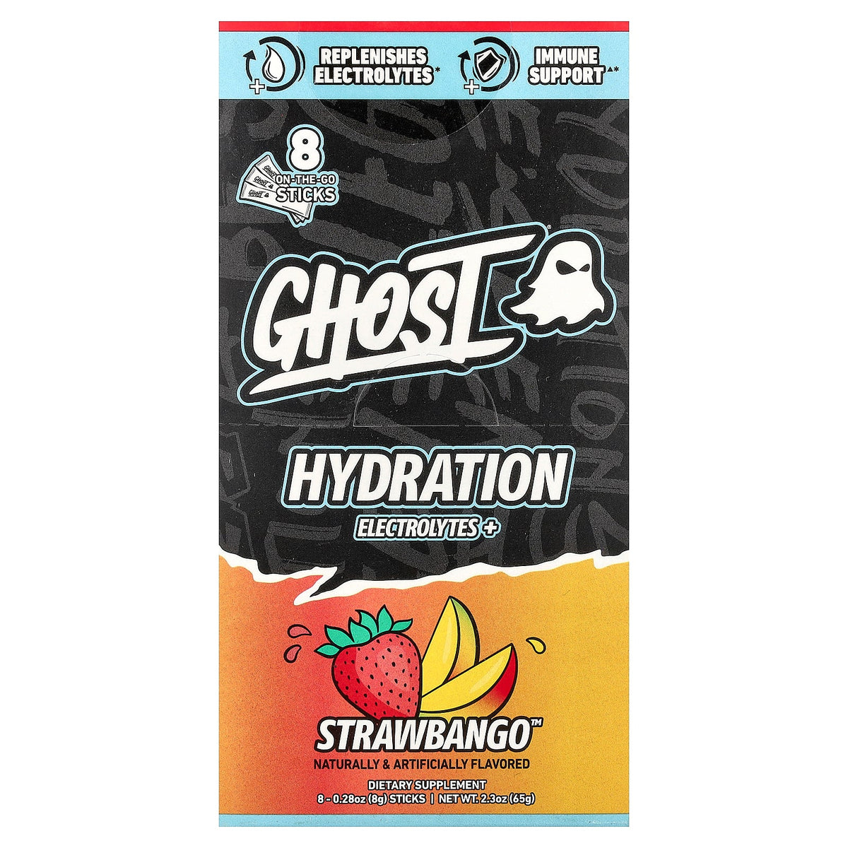Ghost, Hydration Electrolytes+, Strawbango™, 8 On-The-Go Sticks, 0.28 oz (8 g) Each