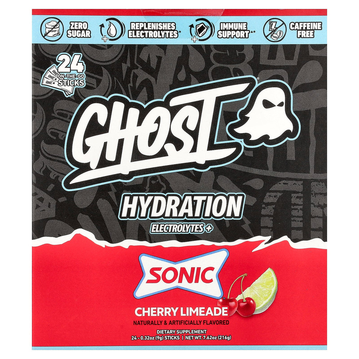 Ghost, Hydration Electrolytes+, Sonic® Cherry Limeade, 24 On-The-Go Sticks, 0.32 oz (9 g) Each