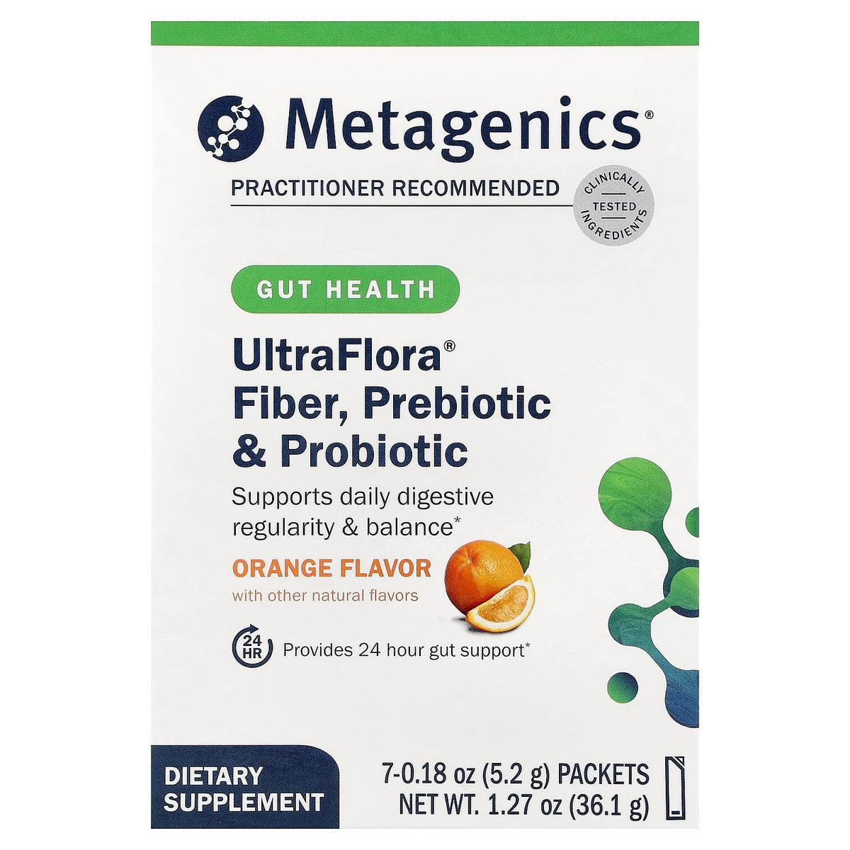 Metagenics, UltraFlora® Fiber, Prebiotic & Probiotic, Orange, 7 Packets, 0.18 oz (5.2 g) Each