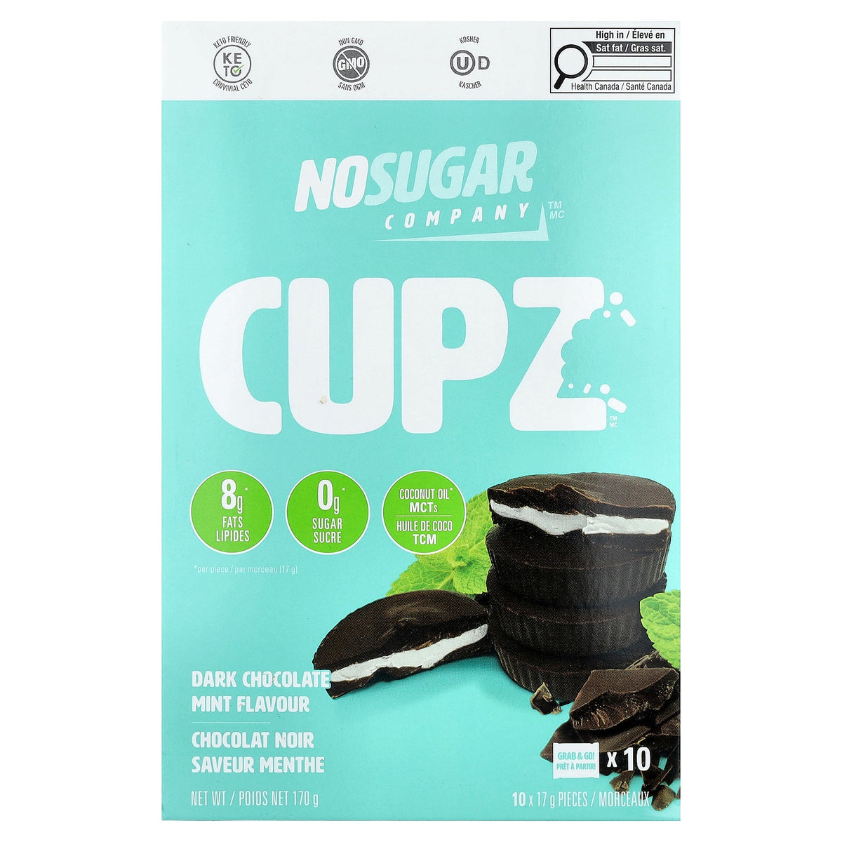 No Sugar Company, Cupz™, Dark Chocolate Mint, 10 Packs, 0.6 oz (17 g) Each