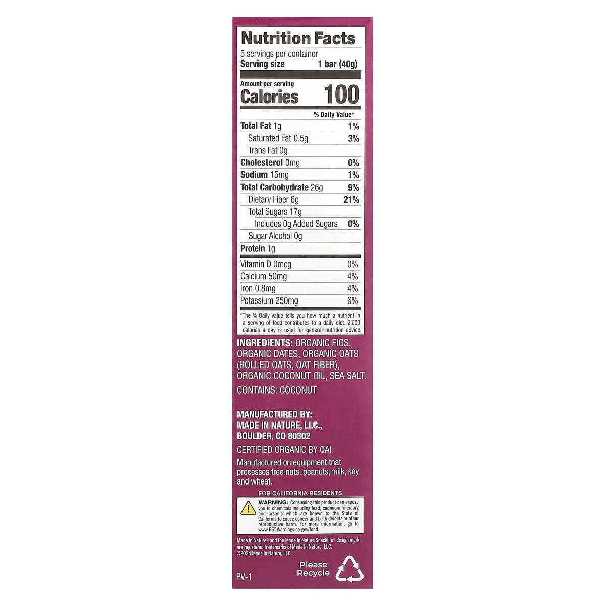 Made in Nature, Fig 'N' Oats®, Original Fig, 5 Individually Wrapped Bars, 1.4 oz (40 g) Each