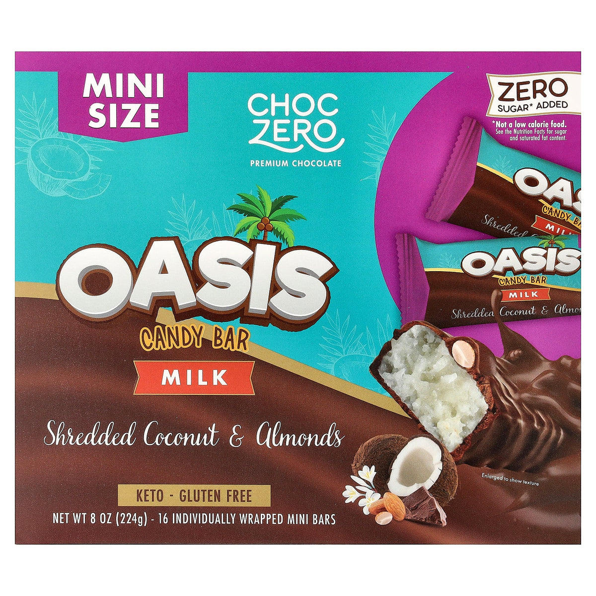 ChocZero, Oasis Candy Bar, Milk, Shredded Coconut & Almonds, 16 Individually Wrapped Mini Bars, 0.5 oz (14 g) Each