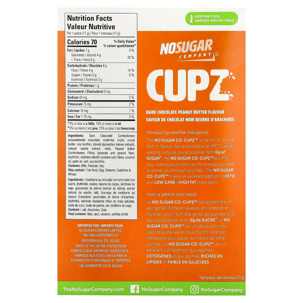 No Sugar Company, Cupz™, Dark Chocolate Peanut Butter, 10 Packs, 0.6 oz (17 g) Each