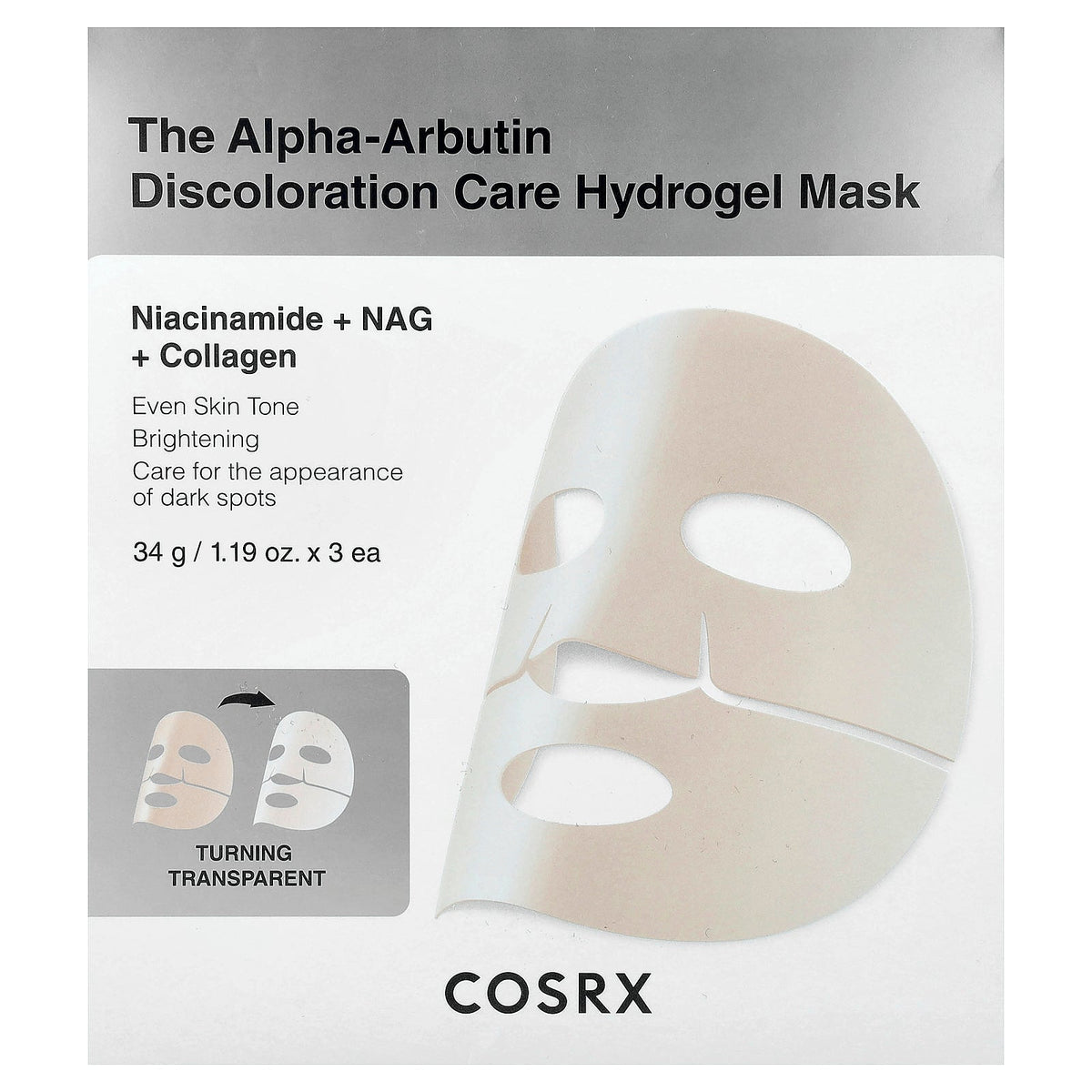 CosRx, The Alpha-Arbutin Discoloration Care Hydrogel Beauty Mask, 3 Sheets, 1.19 oz (34 g) Each