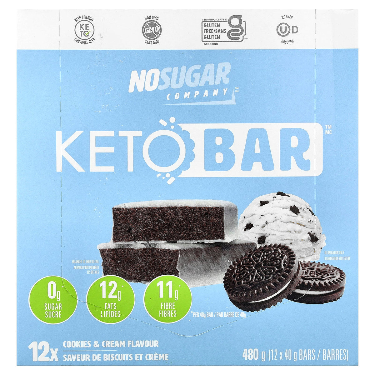 No Sugar Company, Keto Bar™, Cookies & Cream, 12 Bars, 40 g Each