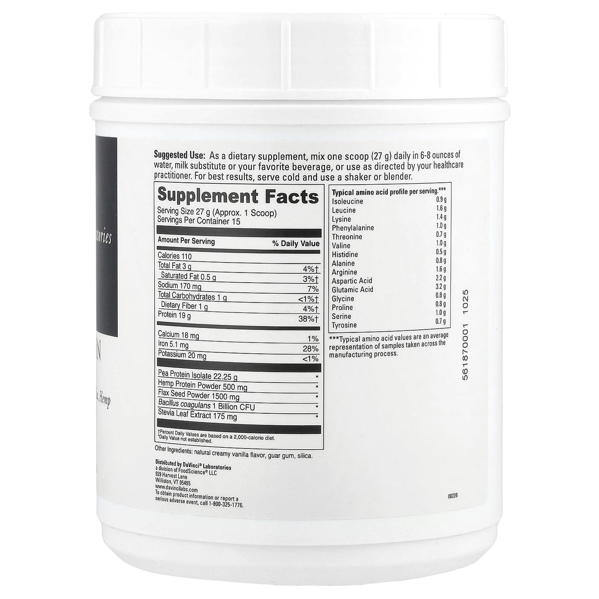 DaVinci Laboratories, Vegan Protein, Creamy Vanilla, 14.29 oz (405 g)
