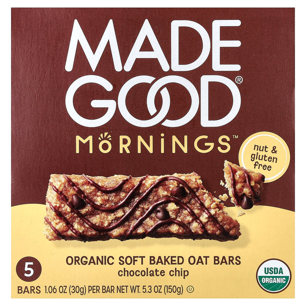MadeGood, Mornings™, Organic Soft Baked Oat Bars, Chocolate Chip, 5 Bars, 1.06 oz (30 g) Each
