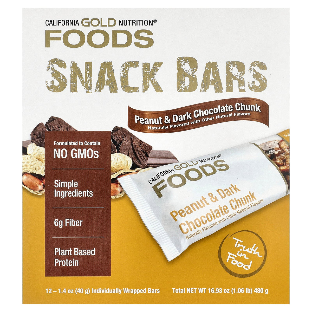California Gold Nutrition, Foods, Peanut & Dark Chocolate Chunk Bars with Dry Roasted Almonds, Chicory Root Fiber, Pea Crisps and Honey, 12 Bars, 1.4 oz (40 g) Each