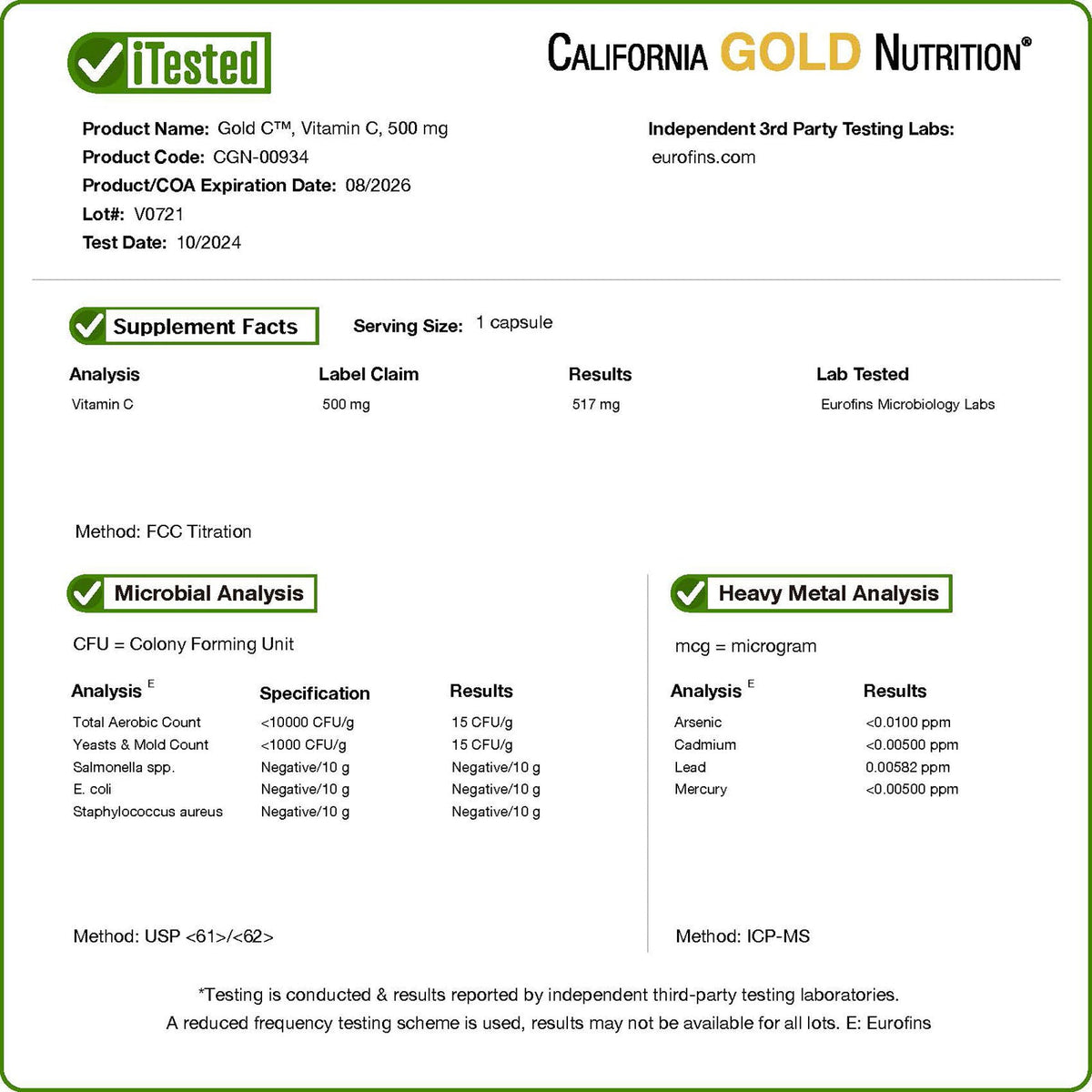 California Gold Nutrition, Gold C®, USP Grade Vitamin C, 500 mg, 240 Veggie Capsules