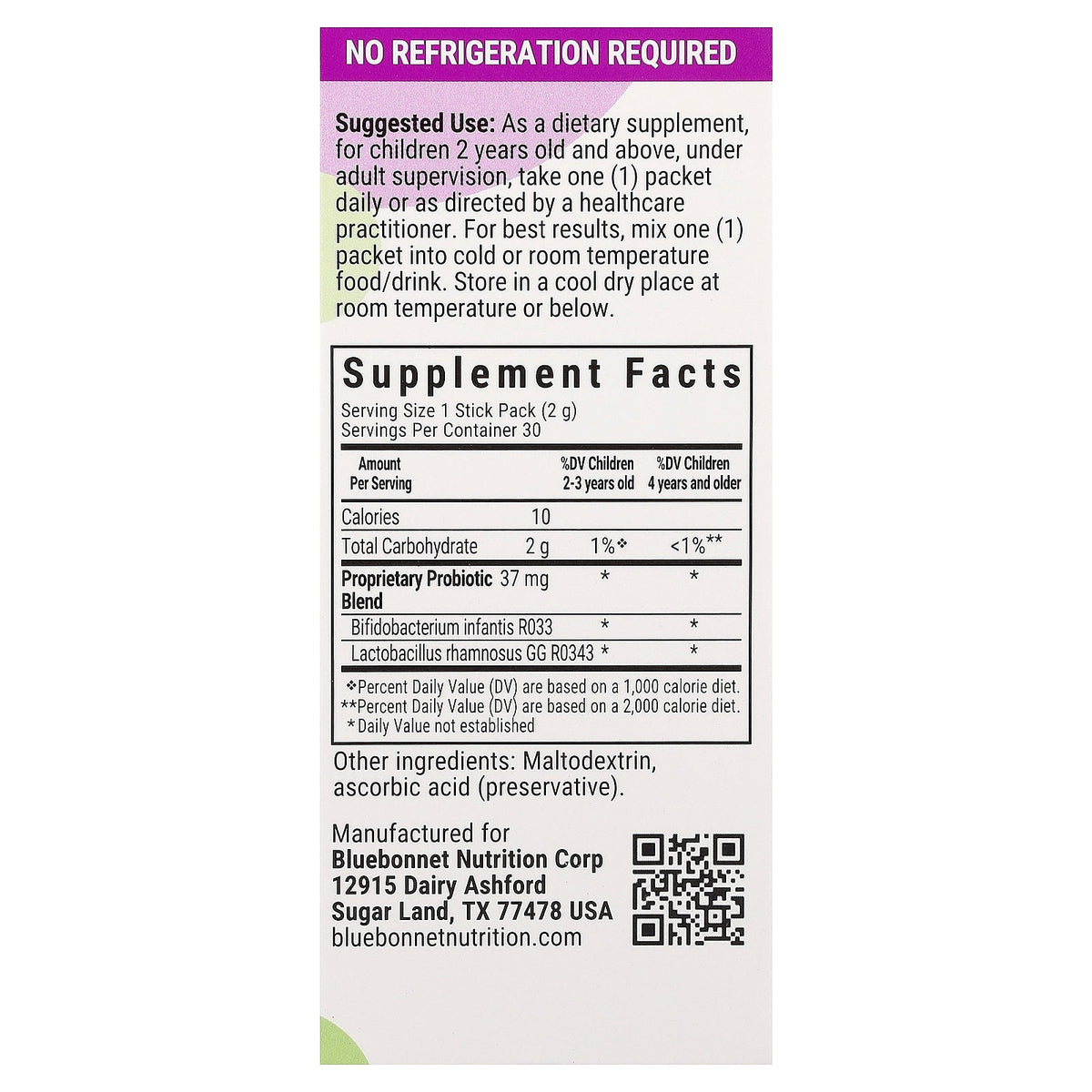 Bluebonnet Nutrition, Kids, Probiotic, Ages 2+, Unflavored, 30 Stick Packs, 0.07 oz (2 g) Each