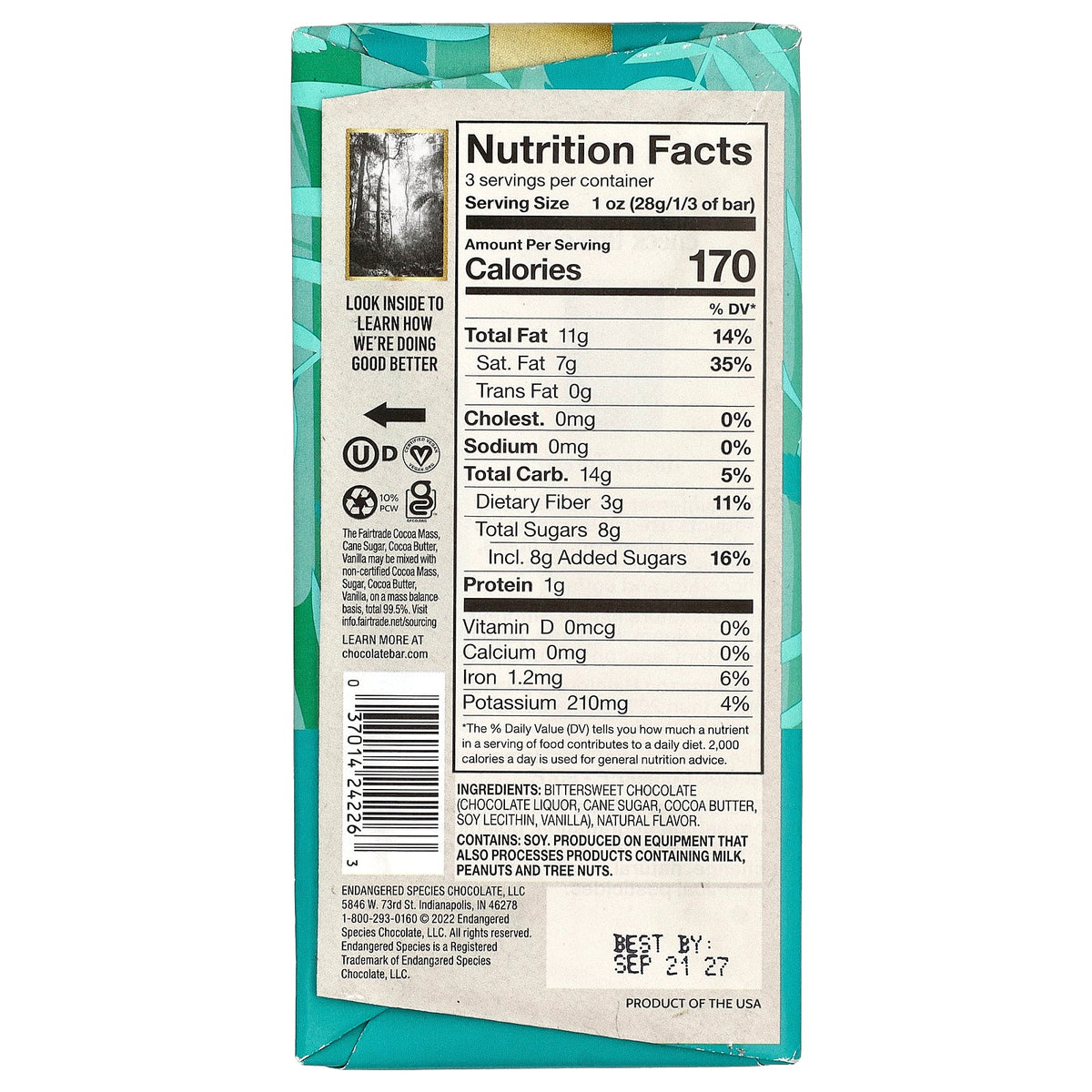 Endangered Species Chocolate, Forest Mint + Dark Chocolate, 72% Cocoa, 3 oz (85 g)