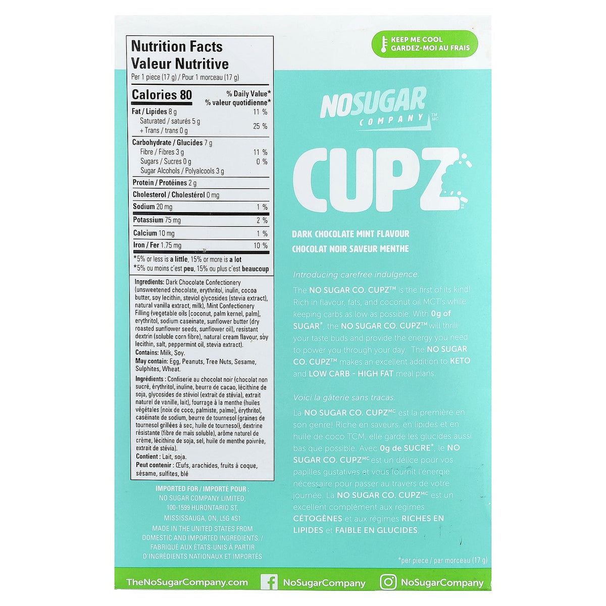 No Sugar Company, Cupz™, Dark Chocolate Mint, 10 Packs, 0.6 oz (17 g) Each