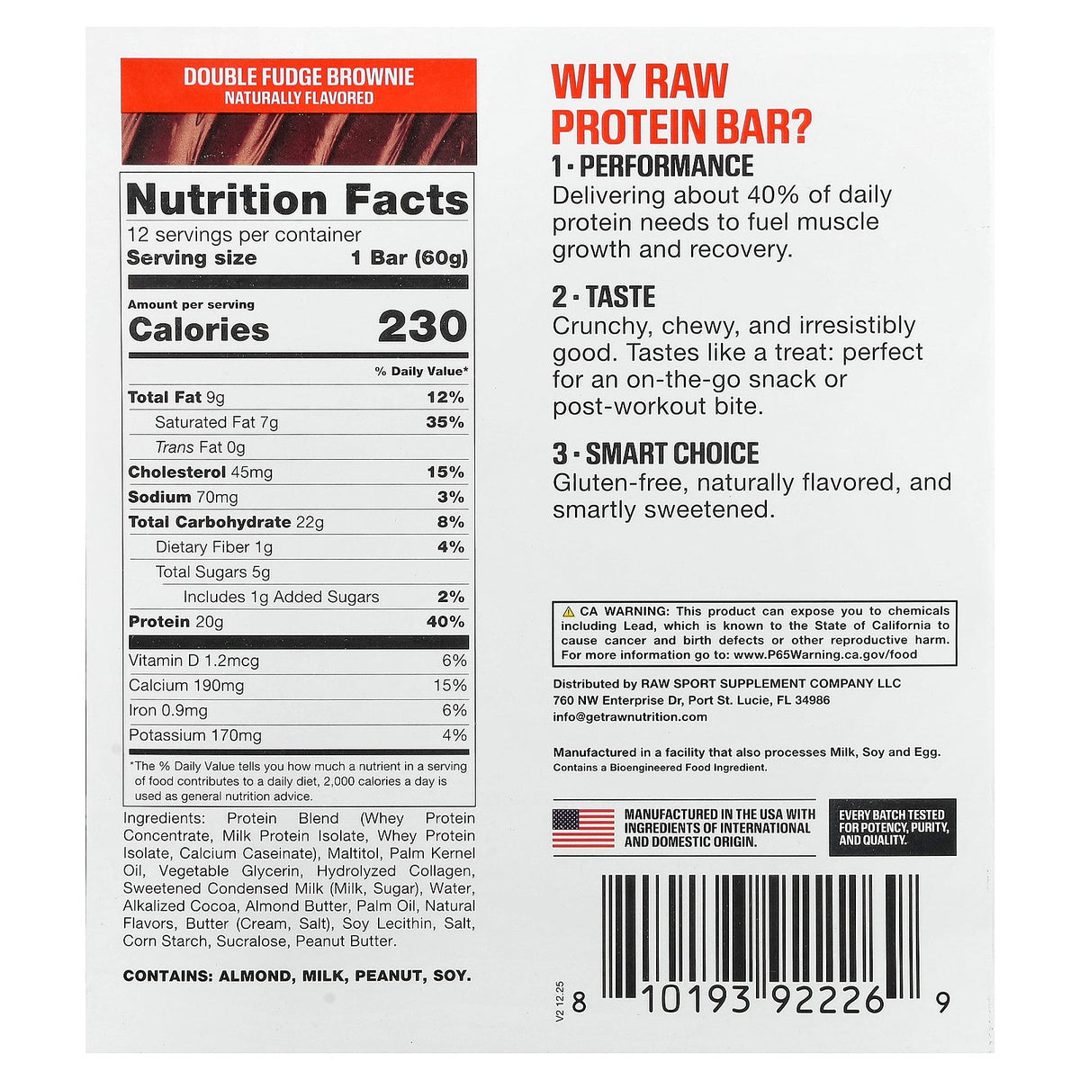 Raw Nutrition, Protein Bar, Double Fudge Brownie, 12 Bars, 2.11 oz (60 g) Each