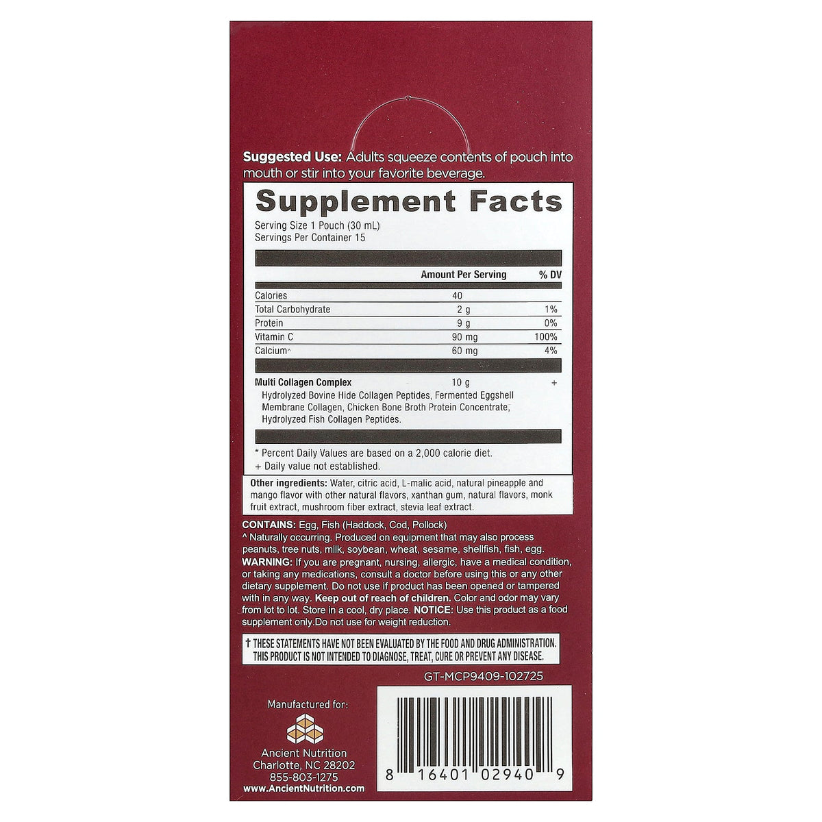 Ancient Nutrition, Multi Collagen Protein, Tropical, 15 Gel Packs, 1 fl oz (30 ml) Each