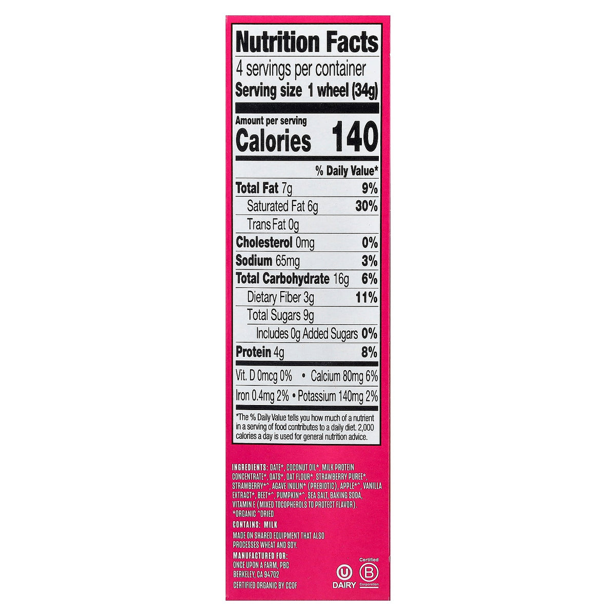 Once Upon A Farm, Organic Power Wheels, Soft-Baked Bar, Strawberry Shortcake, 4 Bars, 1.2 oz (34 g) Each