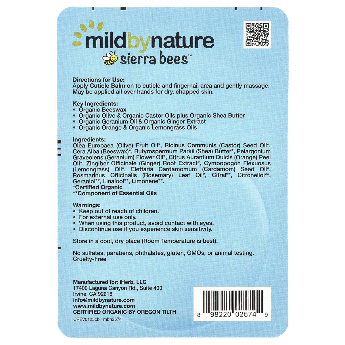 Mild By Nature, Sierra Bees™, Cuticle Care Balm, Geranium, Orange & Lemongrass, 0.6 oz (17 g)