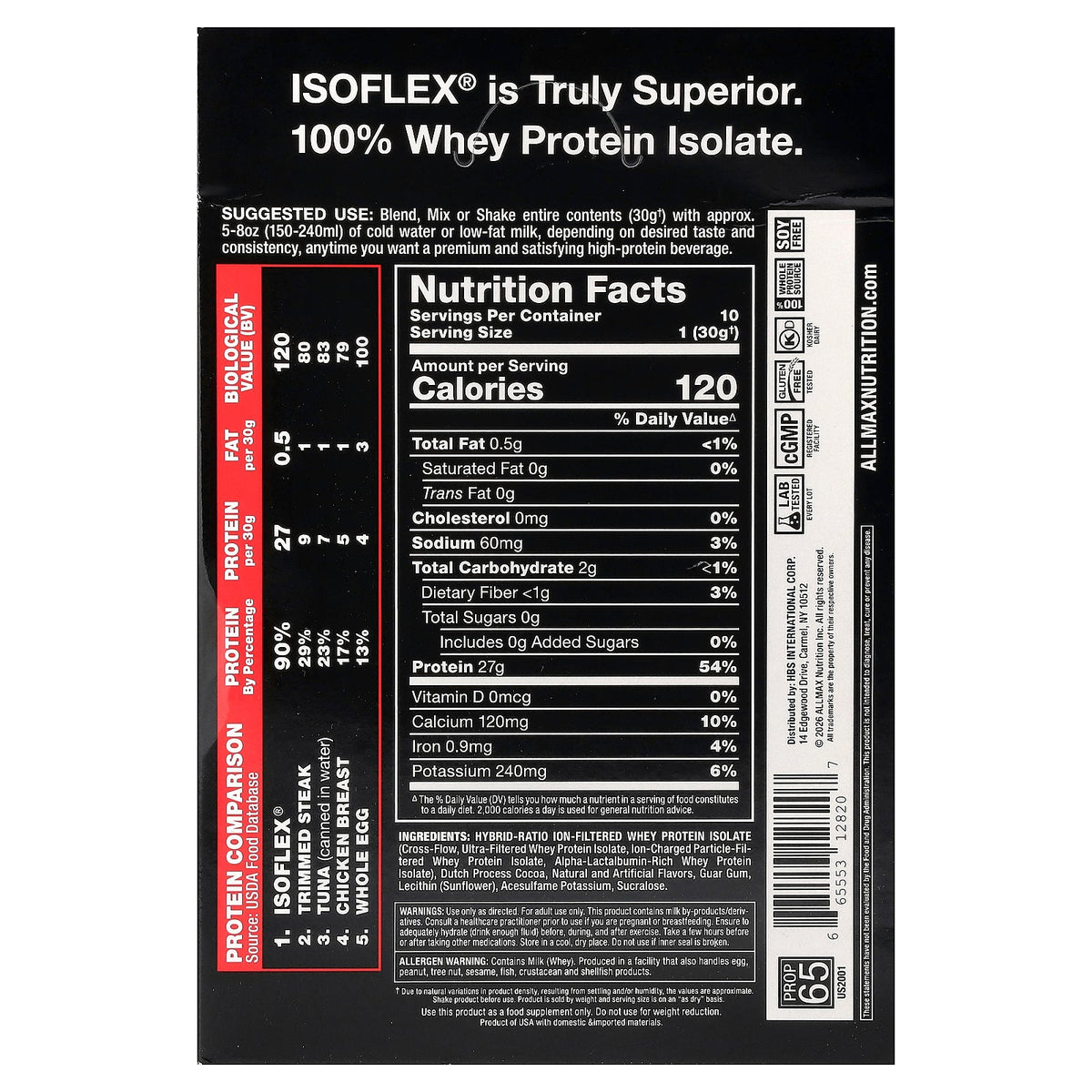 ALLMAX, ISOFLEX®, Pure Whey Protein Isolate, Chocolate, 10 Packs, 1.1 oz (30 g) Each