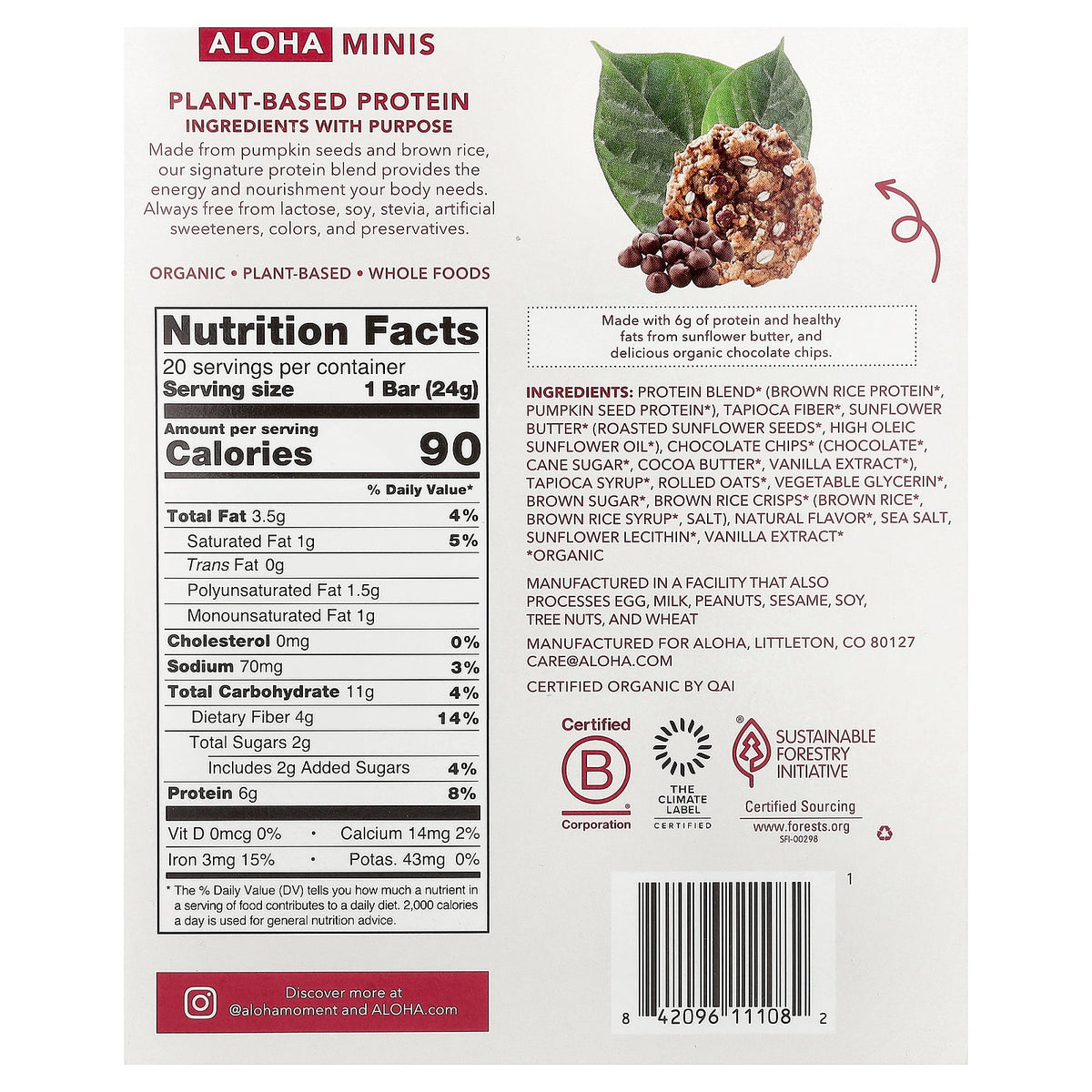 Aloha, Organic Protein Mini Bars, Oatmeal Chocolate Chip, 20 Bars, 0.85 oz (24 g) Each