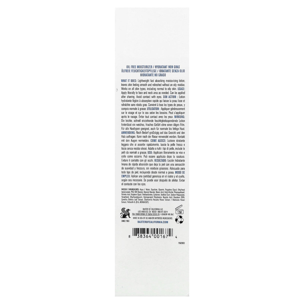 Baxter of California, Oil Free Moisturizer, All Skin Types, Fragrance-Free, 4 fl oz (120 ml)